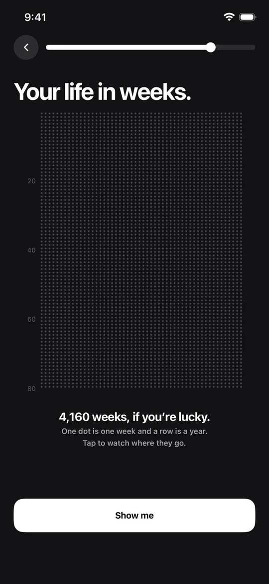 Setup screen titled Your life in weeks, a grid of dots